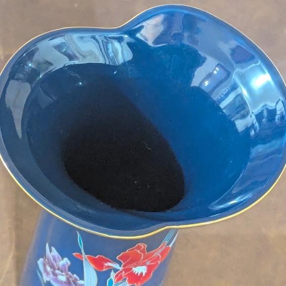 Vintage Japan 10.5" Navy Blue Vase Floral Iris Gold Trim by Fine China - Picture 6 of 7